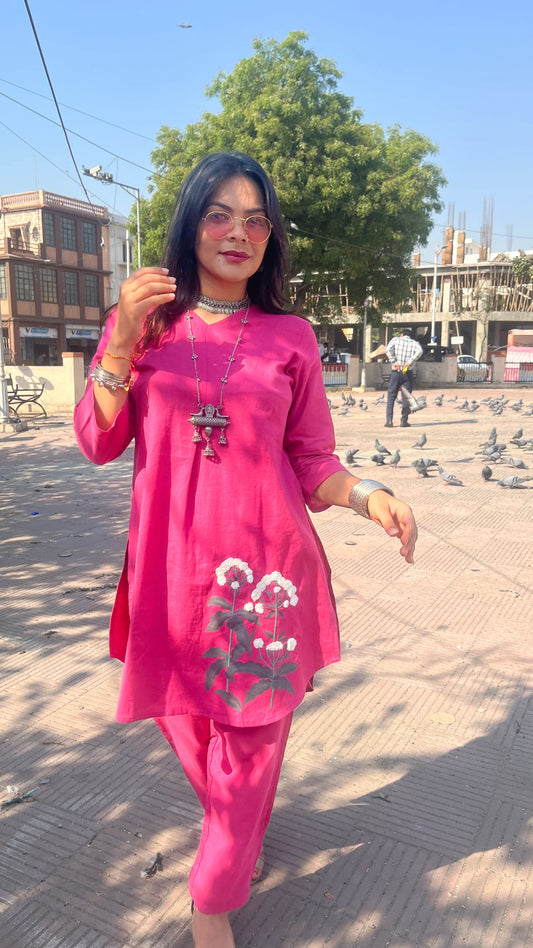 Model wearing Urrva's Boho Blossom Twinset – magenta floral cotton co-ord set