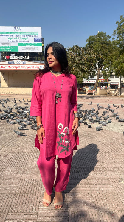 Model wearing Urrva's Boho Blossom Twinset – magenta floral cotton co-ord set