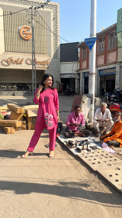 Model wearing Urrva's Boho Blossom Twinset – magenta floral cotton co-ord set