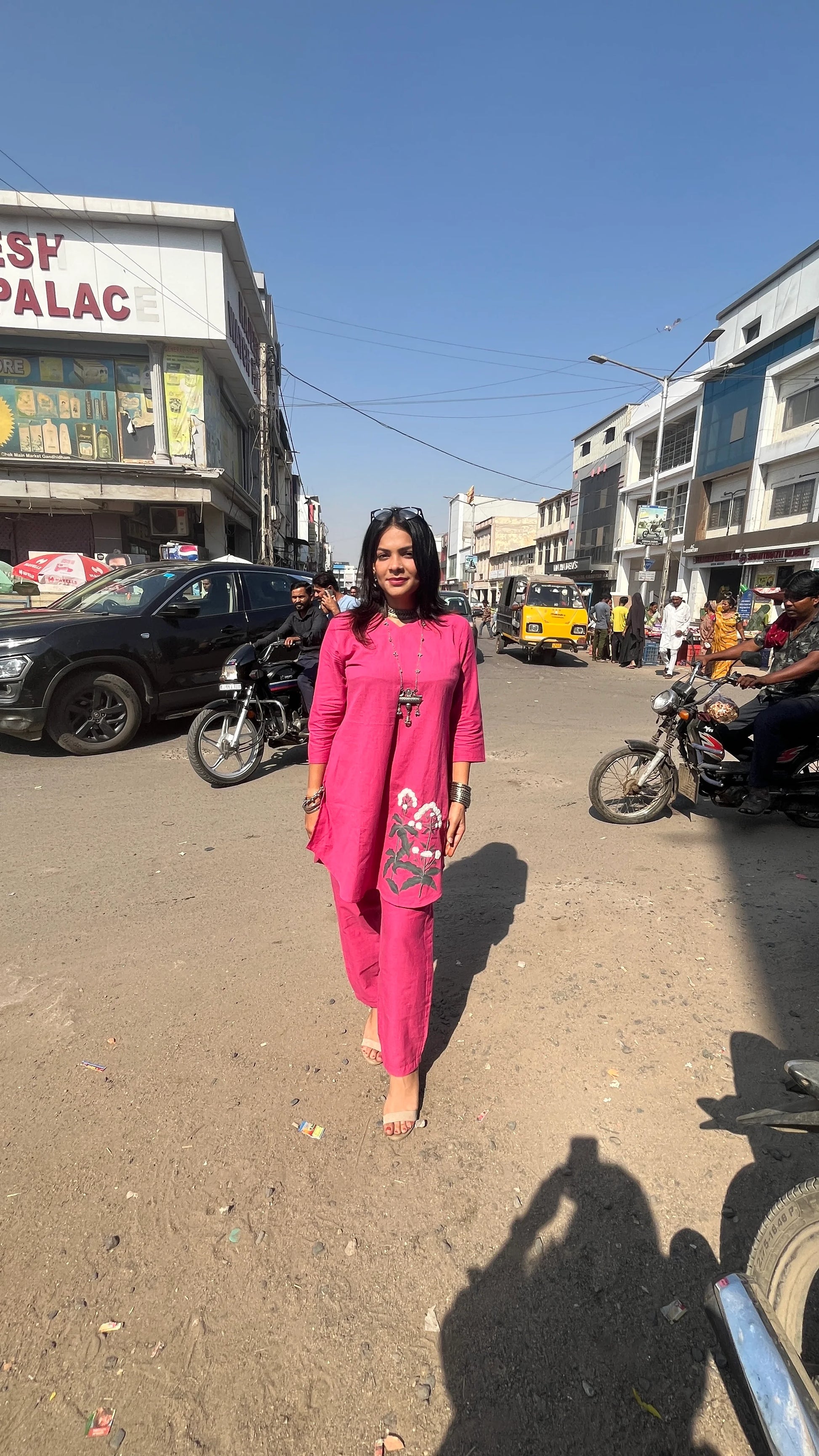 Model wearing Urrva's Boho Blossom Twinset – magenta floral cotton co-ord set