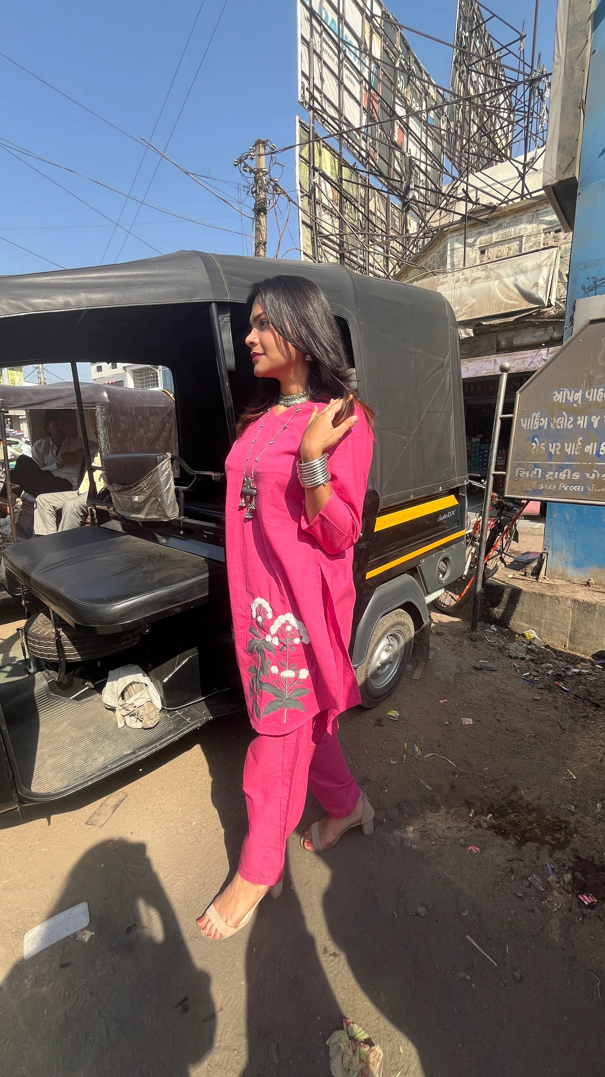 Model wearing Urrva's Boho Blossom Twinset – magenta floral cotton co-ord set