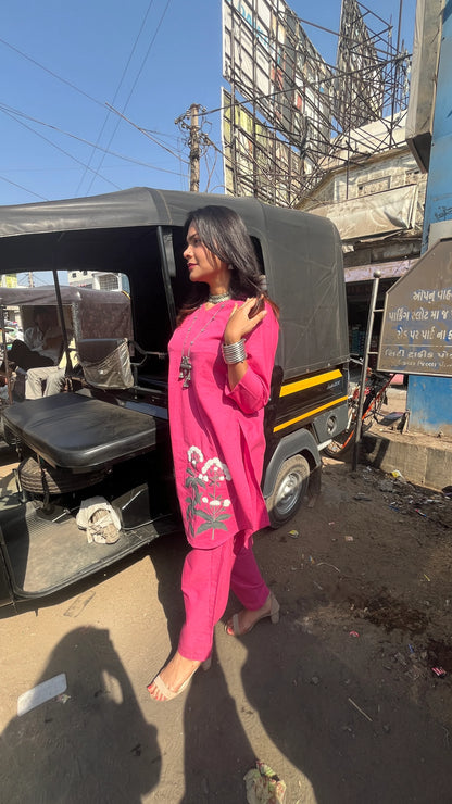 Model wearing Urrva's Boho Blossom Twinset – magenta floral cotton co-ord set