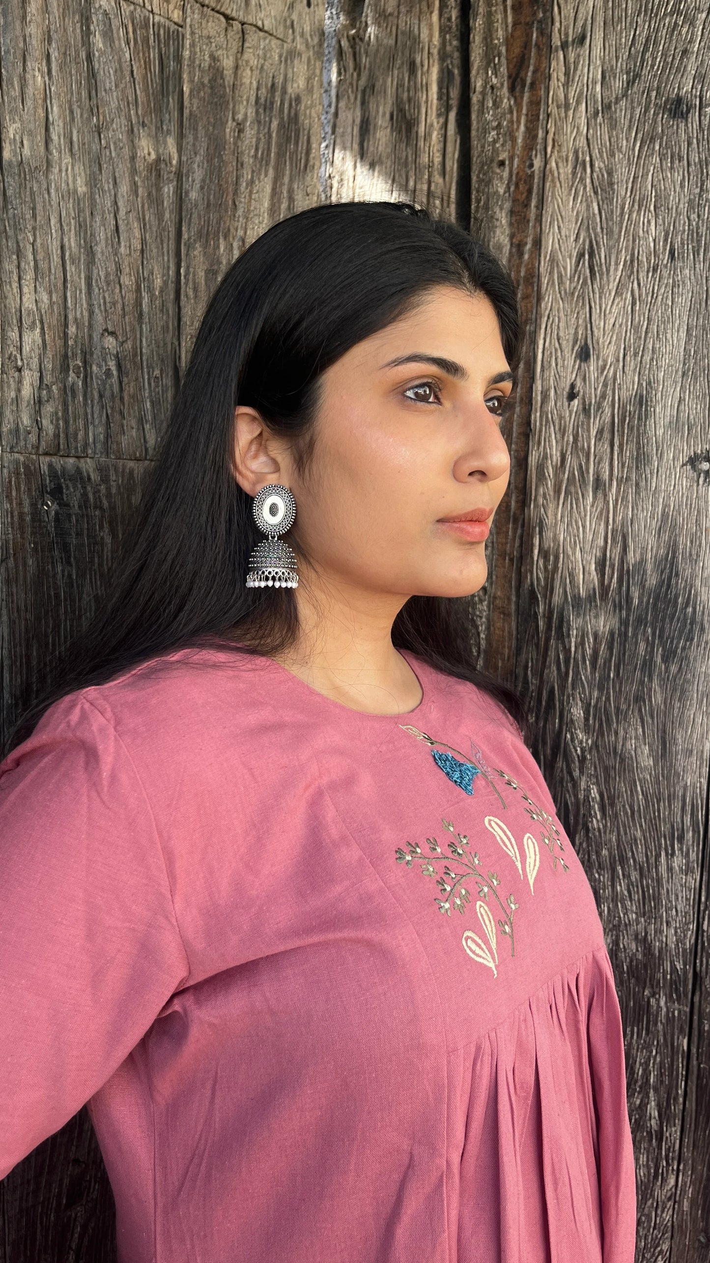 Model wearing Urrva's Dusty Rose Charm Co-ord – pink embroidered cotton kurta set