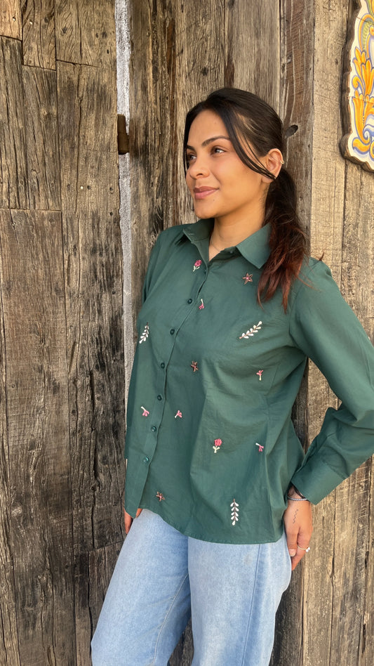 Model wearing forest green Green Meadow Shirt with floral embroidery by Urrva