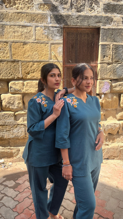 Urvaa Peacock Bloom teal co-ord set for women