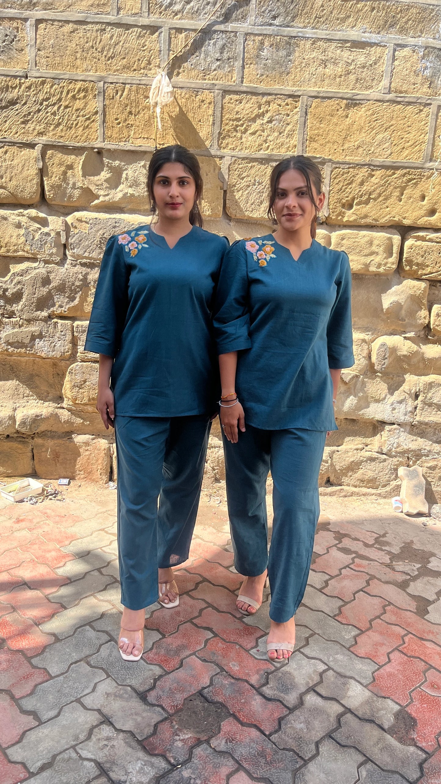 Urvaa Peacock Bloom teal co-ord set for women