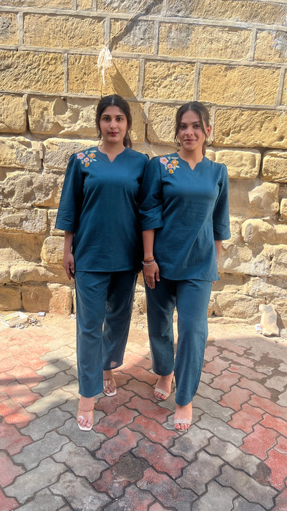 Urvaa Peacock Bloom teal co-ord set for women