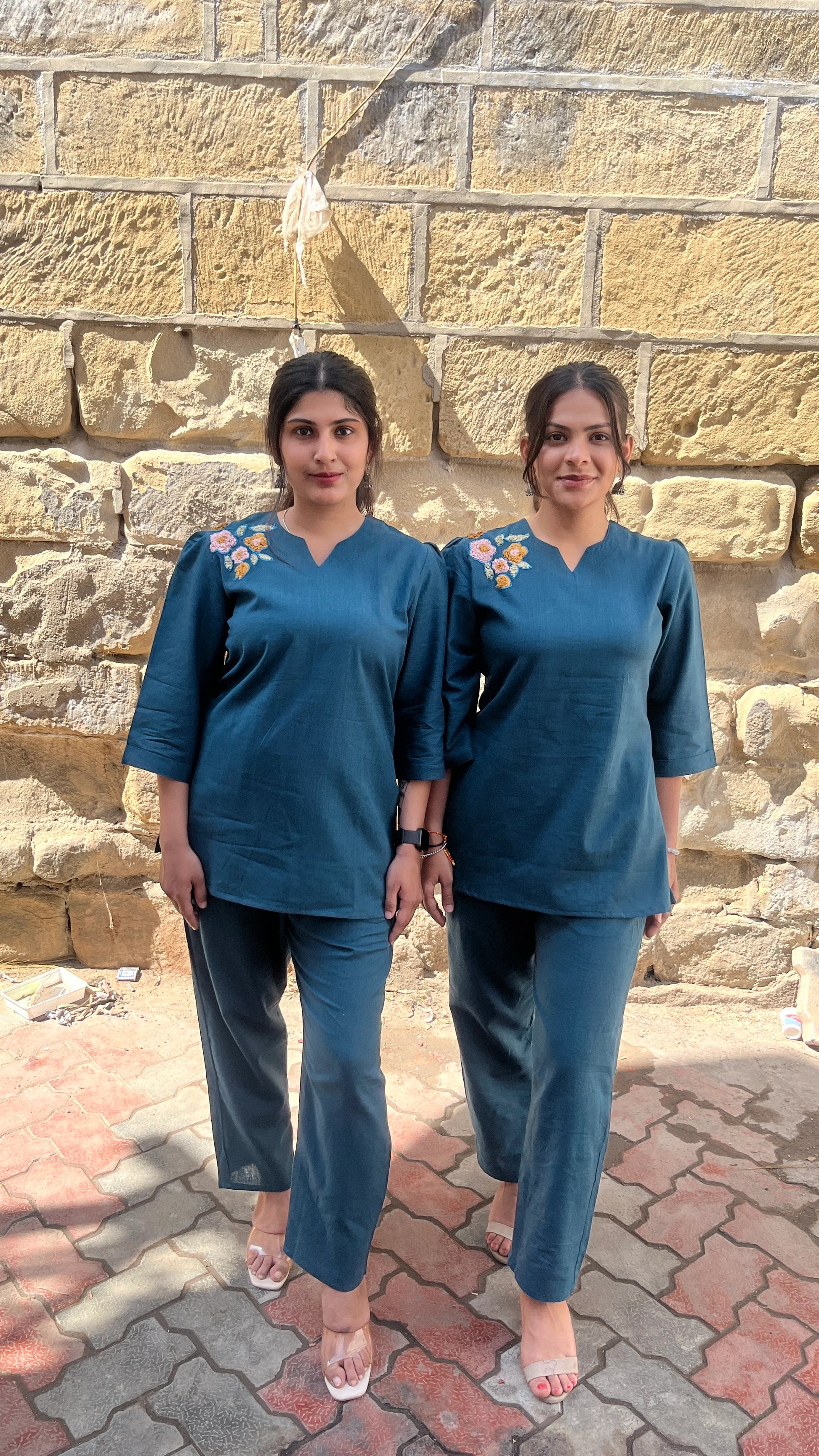 Urvaa Peacock Bloom teal co-ord set for women