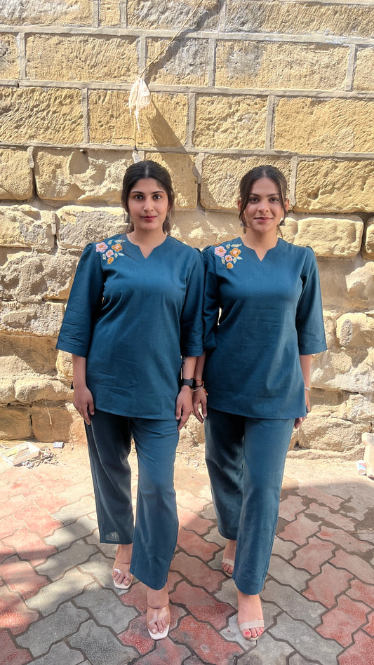 Urvaa Peacock Bloom teal co-ord set for women