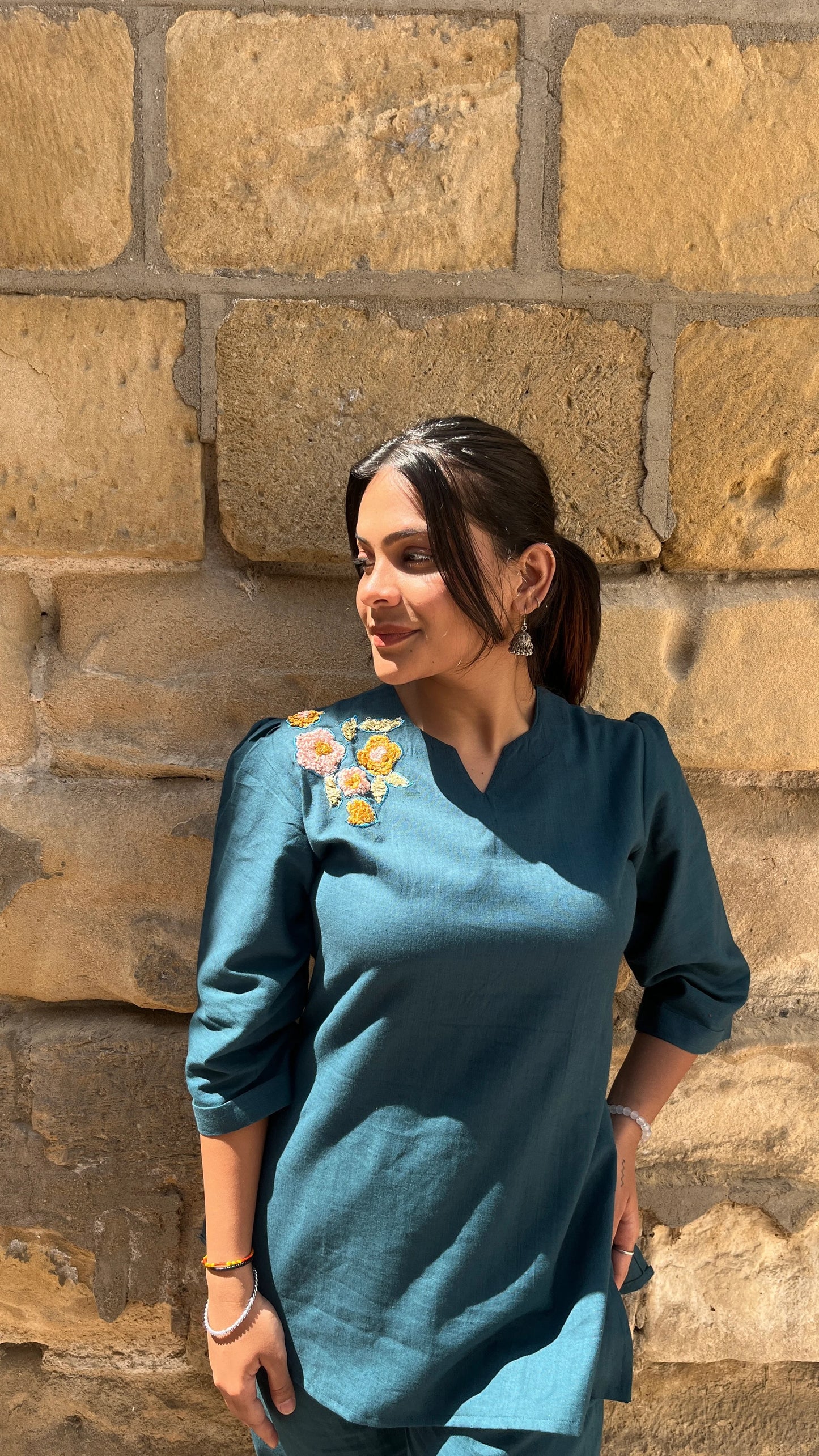 Urvaa Peacock Bloom teal co-ord set for women