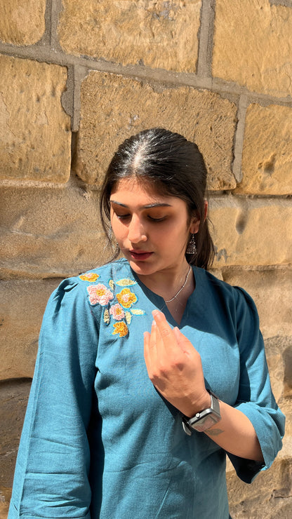 Urvaa Peacock Bloom teal co-ord set for women