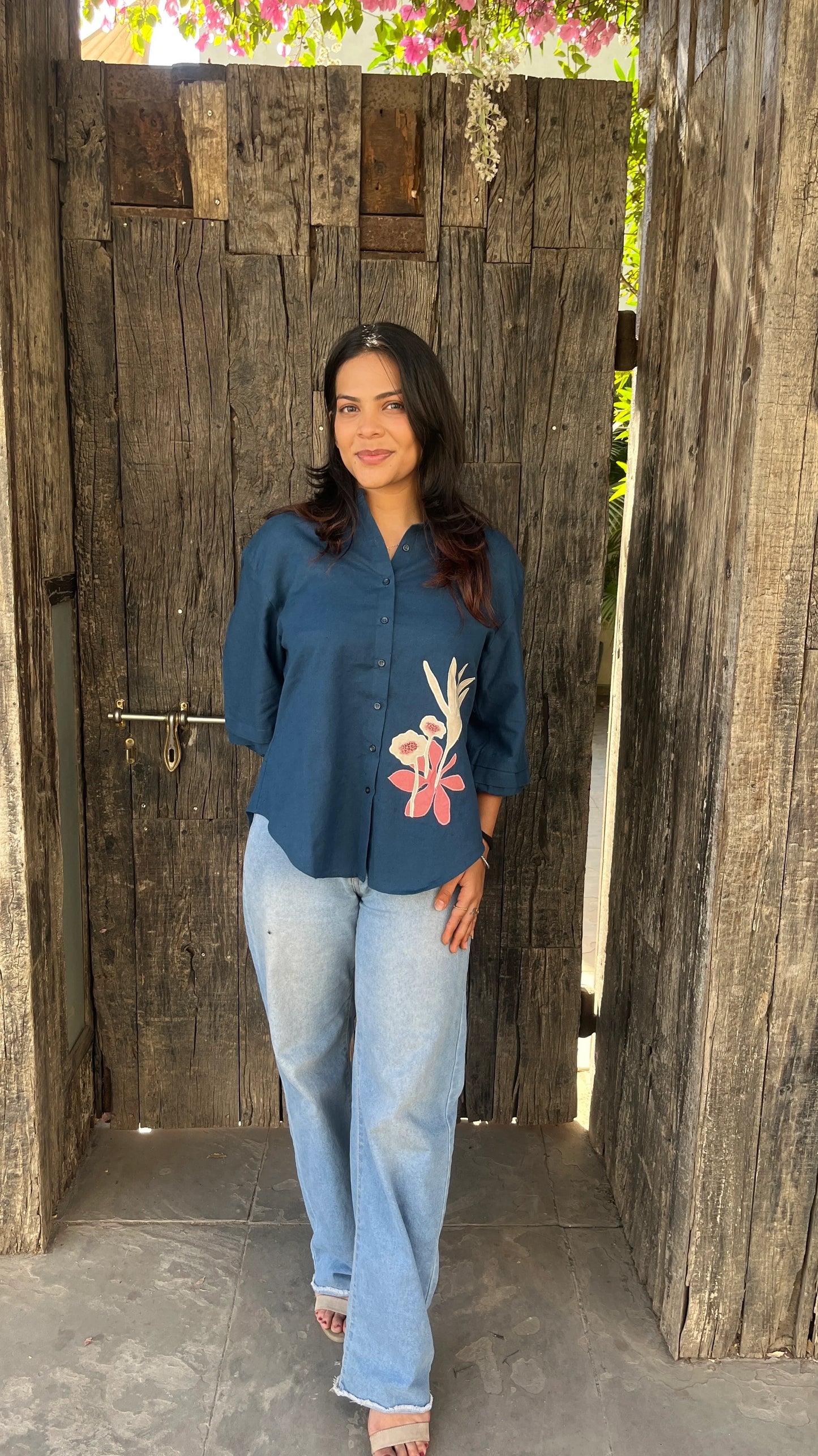 Urrva Indigo Flora shirt with floral patchwork worn by model