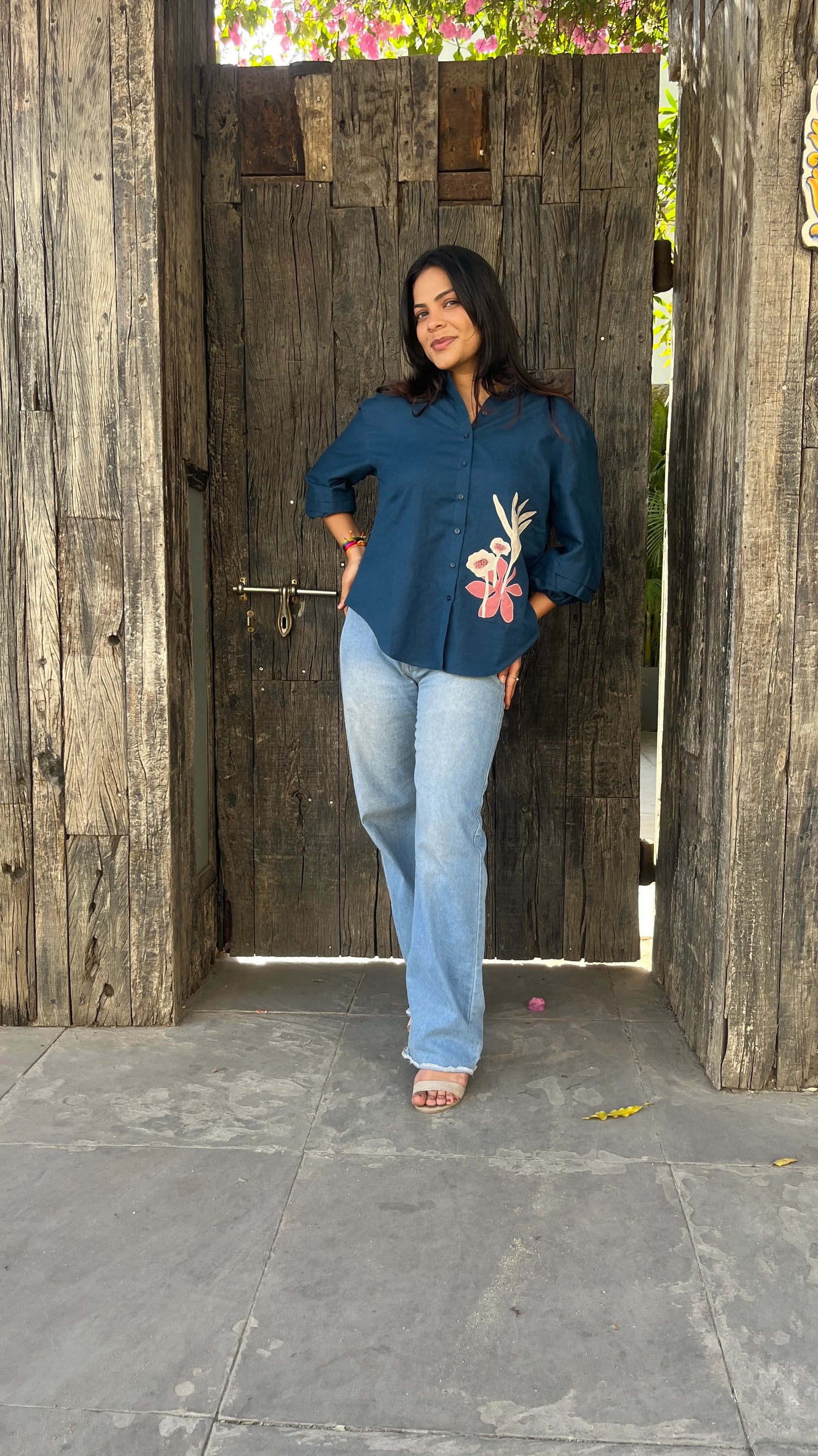 Urrva Indigo Flora shirt with floral patchwork worn by model