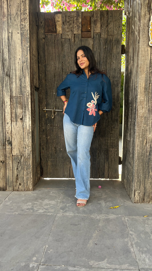 Urrva Indigo Flora shirt with floral patchwork worn by model