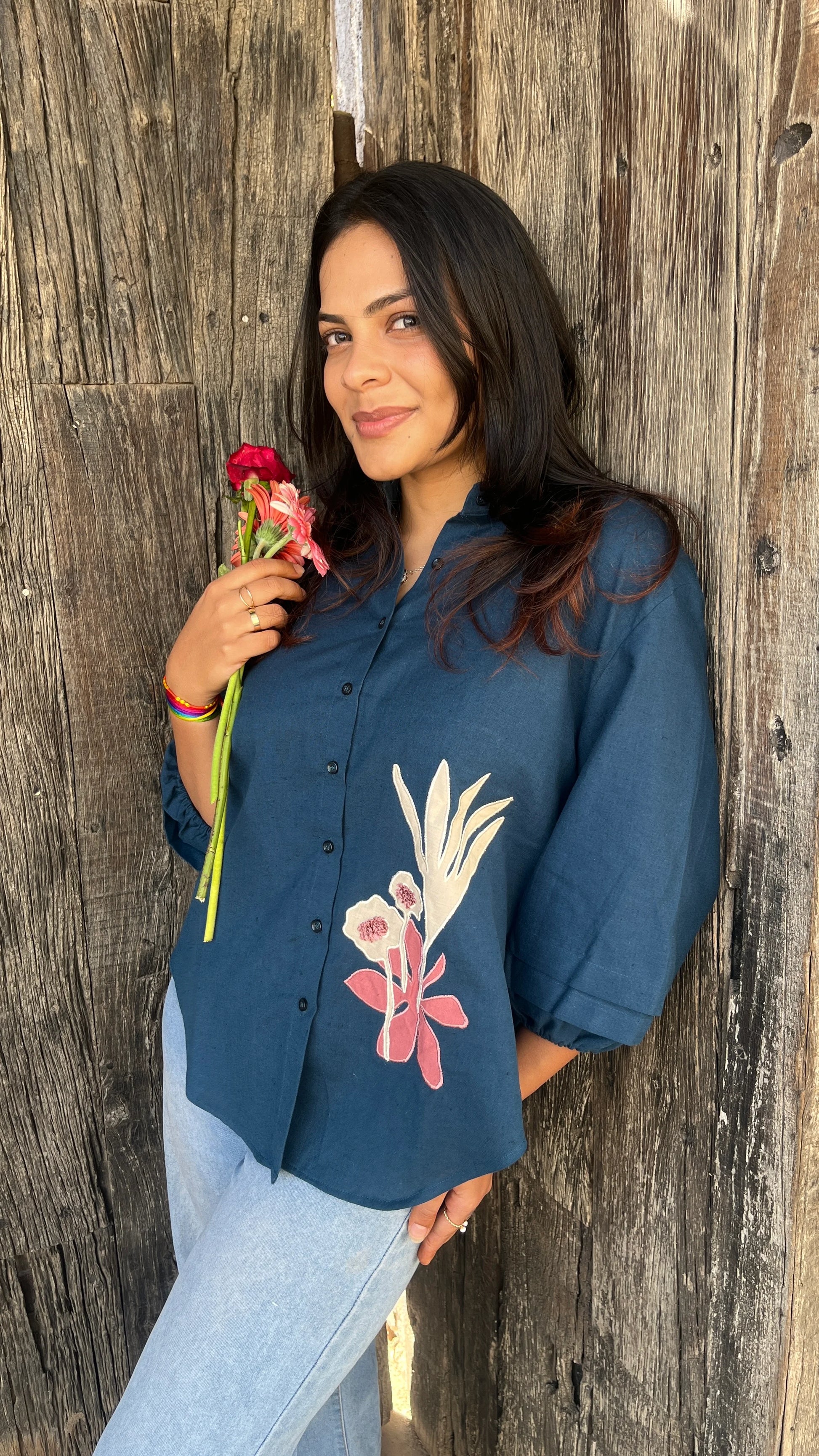 Urrva Indigo Flora shirt with floral patchwork worn by model