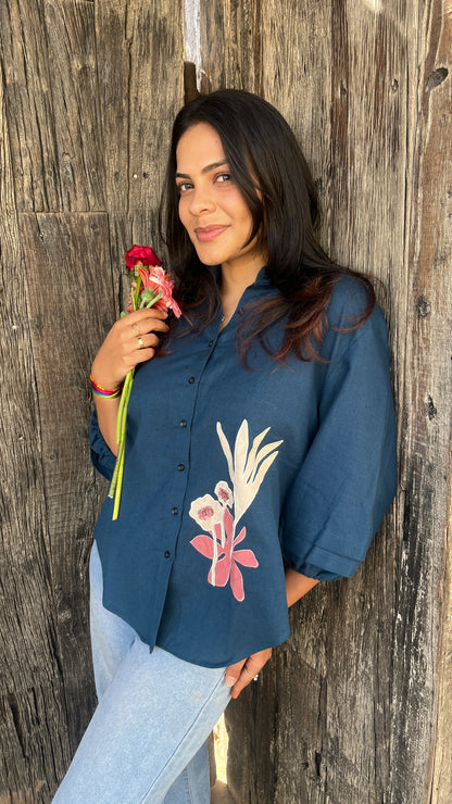 Urrva Indigo Flora shirt with floral patchwork worn by model